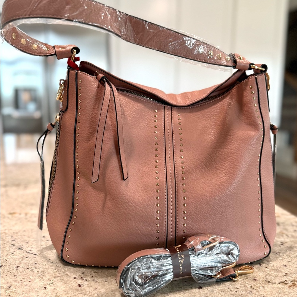 Montana West Studded Leather Shoulder Bag in Blush Pink NWT